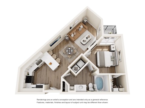 Floor plan for 1 bed, 1 bath, 679 sqft